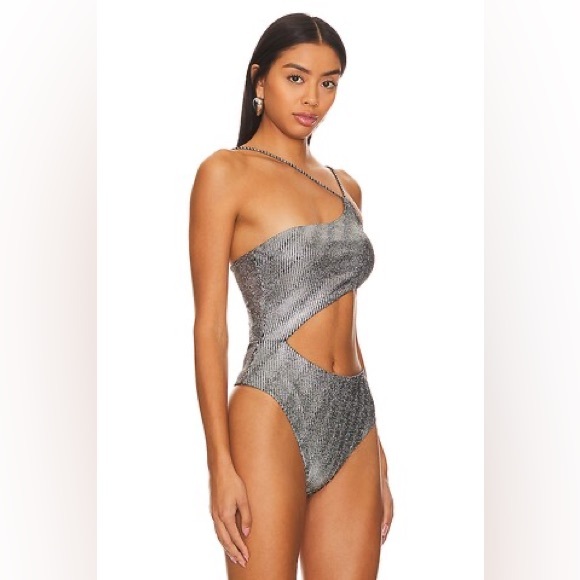 Superdown Tahlia Cut Out Bodysuit Size Small Silver Metallic NWT - Picture 7 of 8